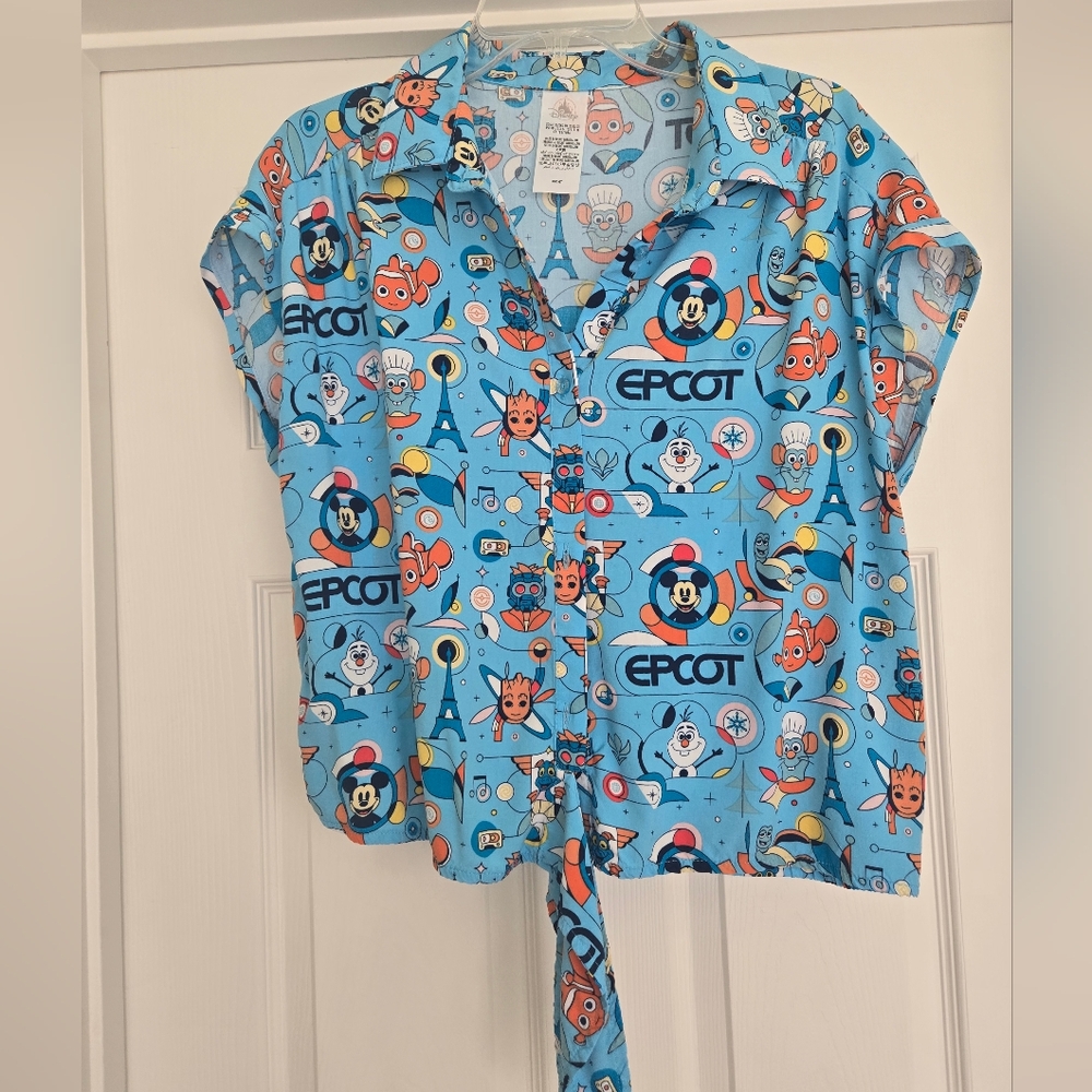Disney Womens EPCOT Button Down Shirt - Light Blue with Characters